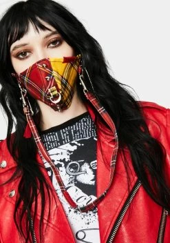 TRIPP NYC Red Yellow Plaid Split Studs Face Mask