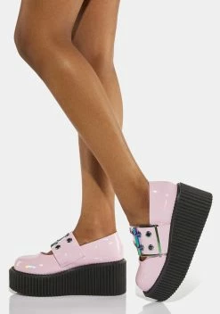 Demonia Pink Holographic Creeper-230 Platform Mary Janes