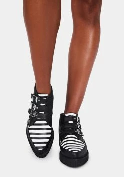 T.U.K. Black & White Stripe 3-Buckle Pointed Boots
